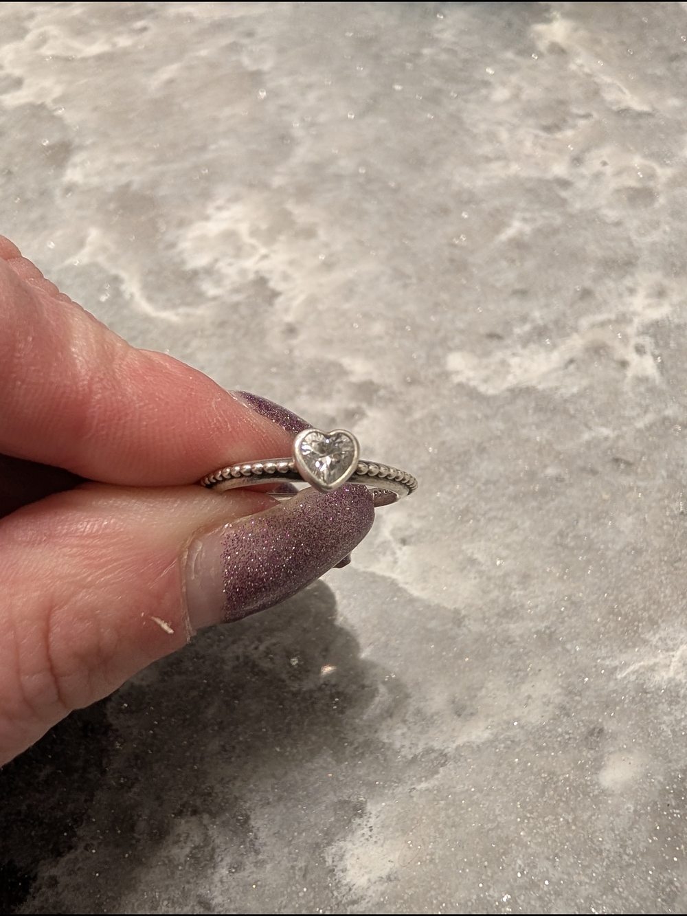 Pandora Silver Heart Solitaire Ring with Beaded Band - Silver